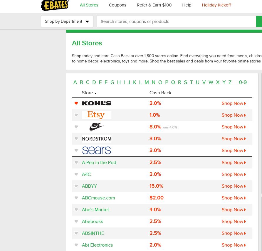 A list of Ebates Stores