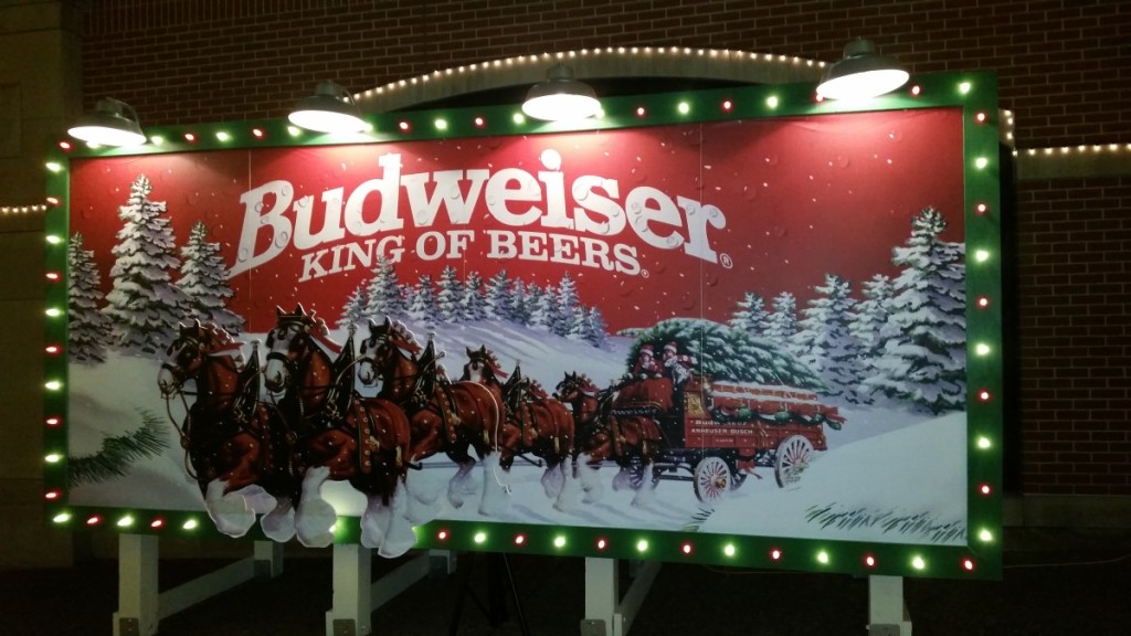 a Budweiser King of Beers sign at the St. Louis Brewery Christmas Lights