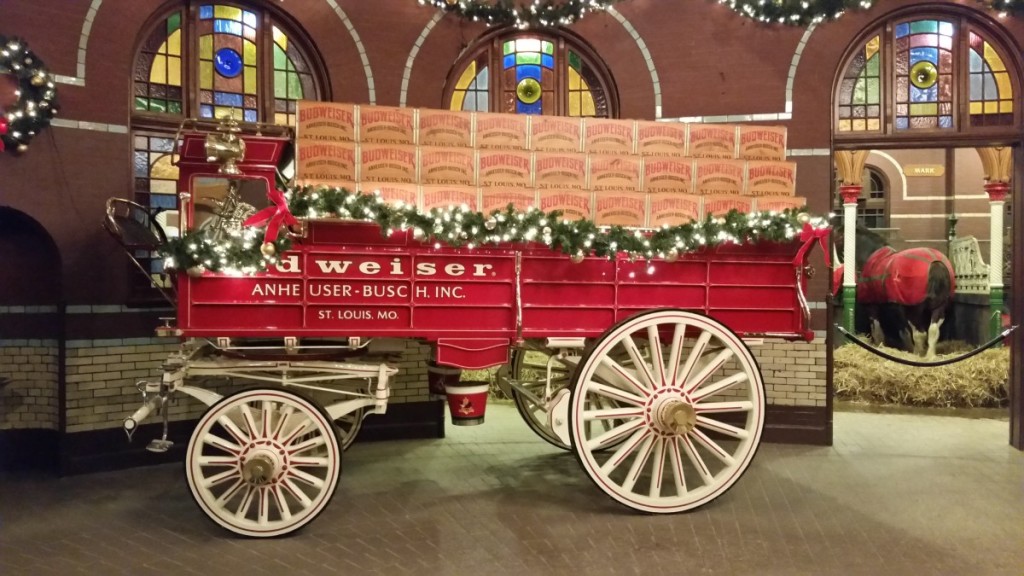 Anheuser Busch brewery lights on a red wagon. 