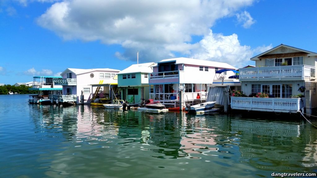 Colorful houseboats on water in Florida.