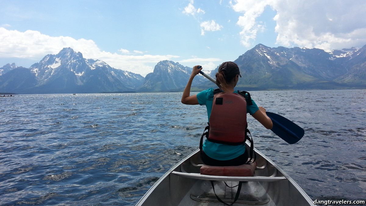 Canoeing Jackson Lake in Wyoming.