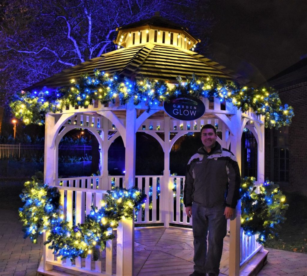 Garden Glow STL gazebo lit up with Christmas lights.