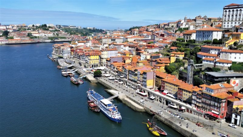 A view of the Douro River from the Dom Luís bridge in Porto, Portugal.