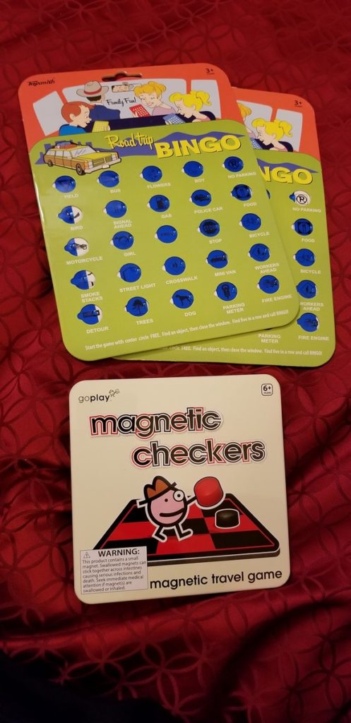 Road Trip Games for Kids: Magnetic Checkers and Road Trip Bingo found in the Big Adventure Box.