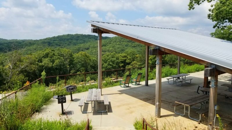 Beautiful views and rocking chairs at the picnic shelter at Don Robinson State Park in Missouri.