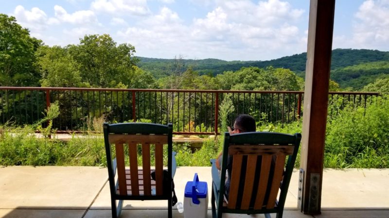 Beautiful views and rocking chairs at the picnic shelter at Don Robinson State Park in Missouri.