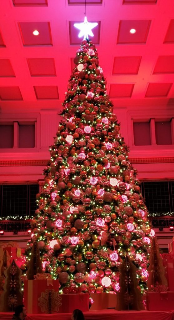 Looking for Chicago Christmas Lights 2022? Book lunch at the Walnut Room in Macy's. Pictured is the lit up Christmas tree in the middle of the Walnut Room. 