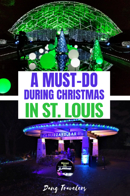 The best place to see Christmas lights in St. Louis is the Garden Glow at the Missouri Botanical Garden. It is transformed into a glowing winter wonderland every season with twinkling lights, holiday music, smores, and even a Blizzard Bar! #christmas #lights #stlouis #missouri #gardenglow