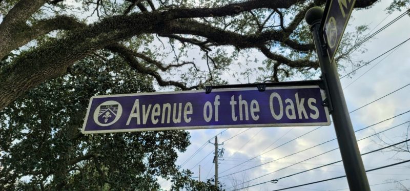 The Avenue of the Oaks street sign at Spring Hill College in Mobile, Alabama.