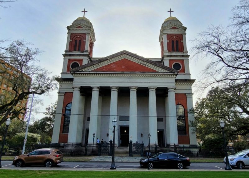 The exterior of the Cathedral-Basilica of the Immaculate Conception in Mobile, Alabama.