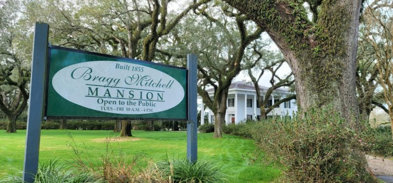 The Bragg Mitchell Mansion sign - Built in 1855 and open to the public Tuesday through Friday.