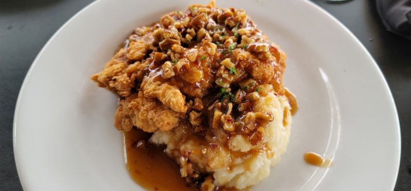 Pecan Hot Chicken over garlic mashed potatoes