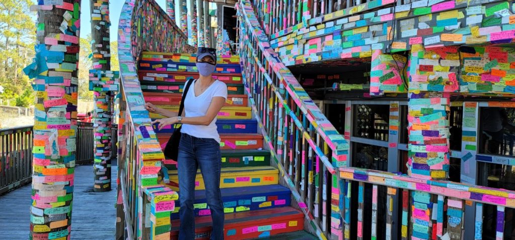 Colorful duct tape all over the staircase at Tacky Jacks in Gulf Shores, Alabama.