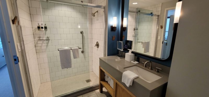 The bathroom in a king bedroom guest room at The Lodge, one of the Gulf Shores hotels on the beach.