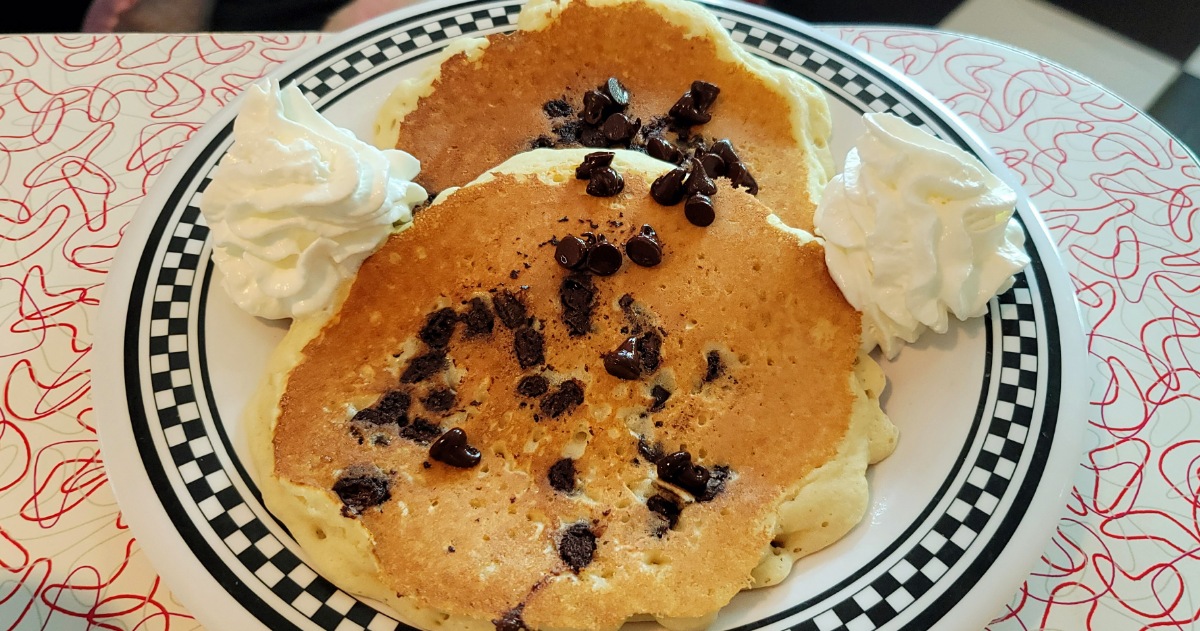 Chocolate chip pancakes and whipped cream at Bristol 45 Diner.