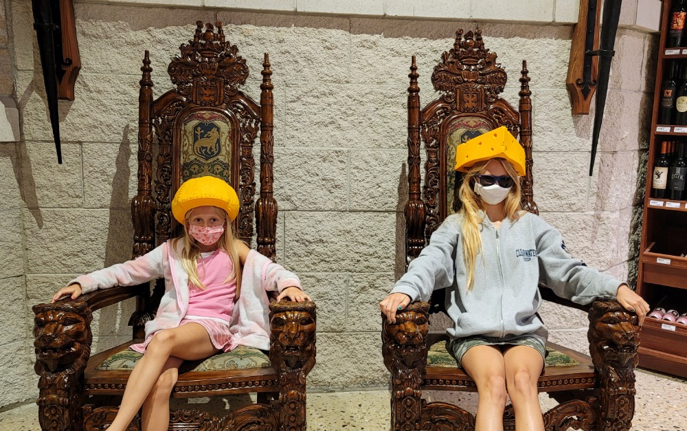 Wearing cheesehead hats at The Mars Cheese Castle in Kenosha, Wisconsin.