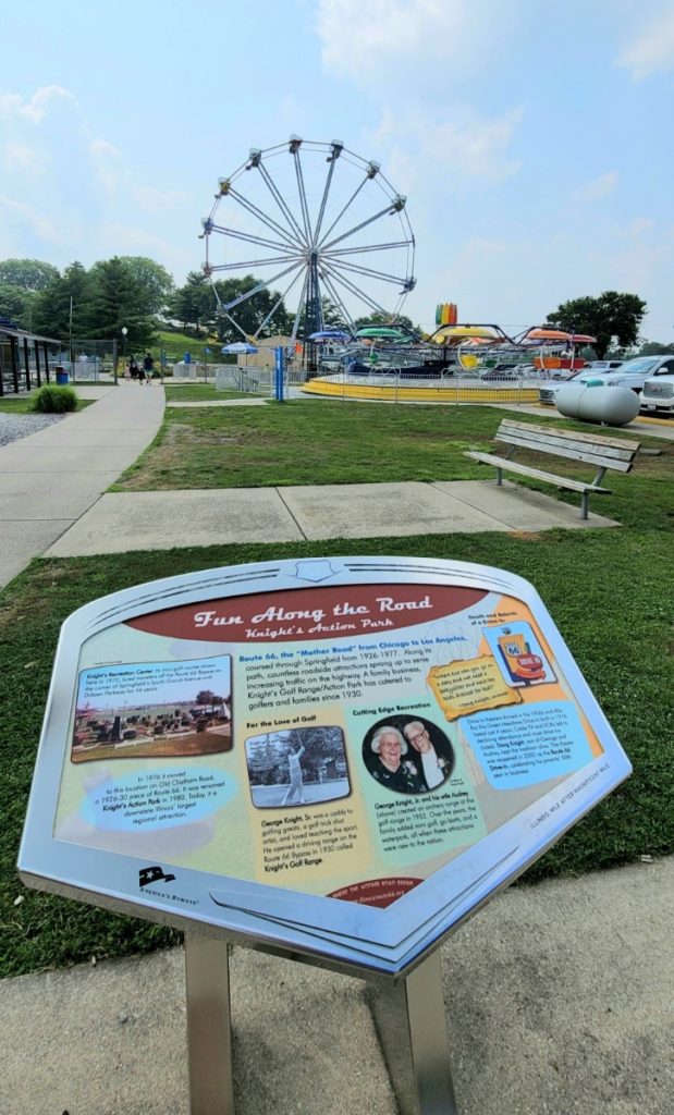 A Route 66 info sign for Knights Action Park in Springfield. If you're looking for teenage things to do in Springfield then we found the perfect place.