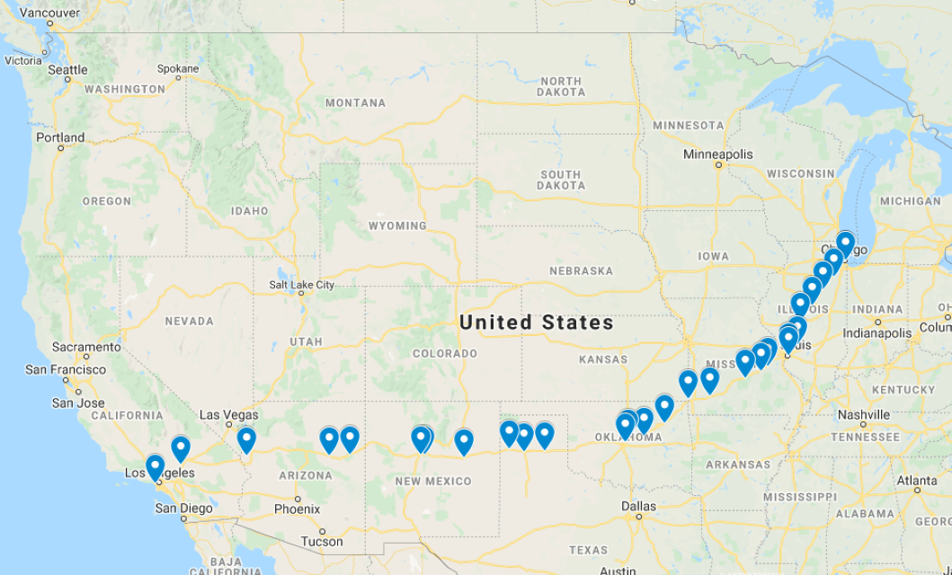 Map of Route 66 Attractions by state from Chicago to Santa Monica.