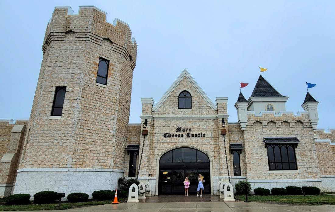 The outside of the Mars Cheese Castle, a unique roadside attraction at the Illinois-Wisconsin border.