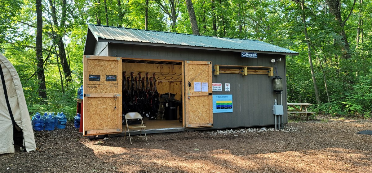 Small shed with ziplining equipment.