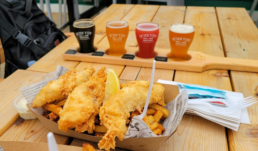 Quidi Vidi Brewery fish and chips and a beer flight.