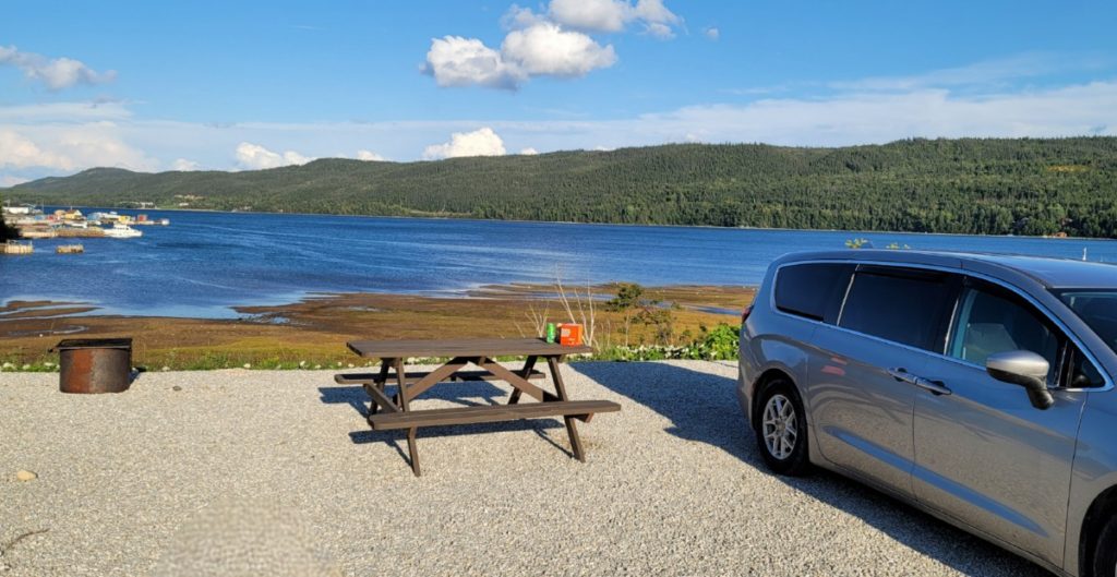 A campsite overlooking the bay at King's Point RV Park in Newfoundland.