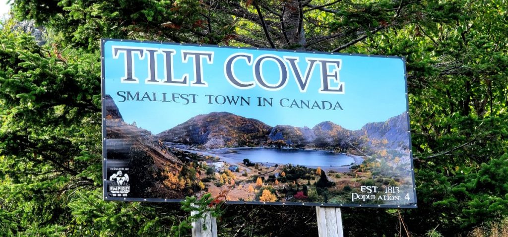 Tilt Cove, smallest town in Canada, welcome sign.