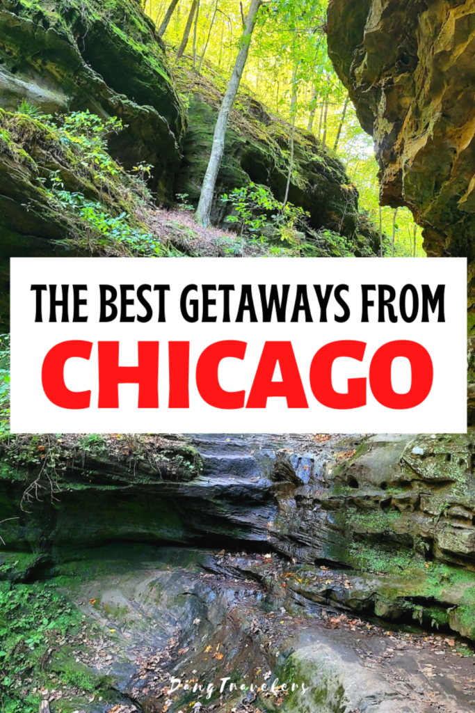 A picture of a hiking trail in Turkey Run State Park with green moss covering a rock outcropping and a text that says, the best getaways from Chicago.