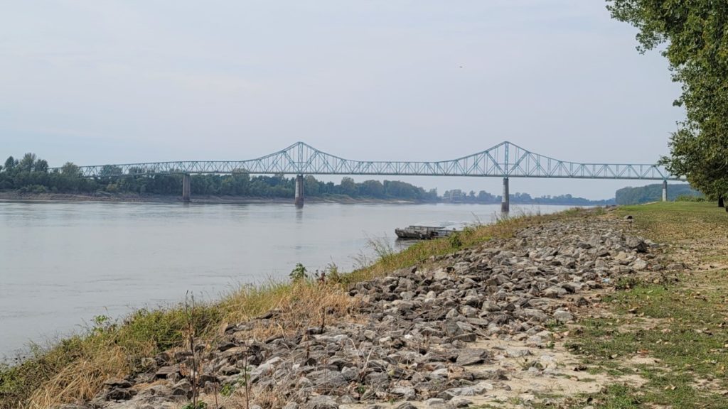 A view of the Mississippi River and a bridge from Fort Defiance Park in Cairo on the Great River Road in Illinois.