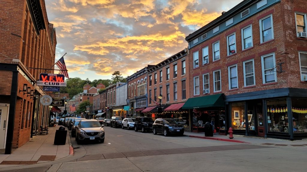 The charming Main Street at sunset in Galena, Illinois.