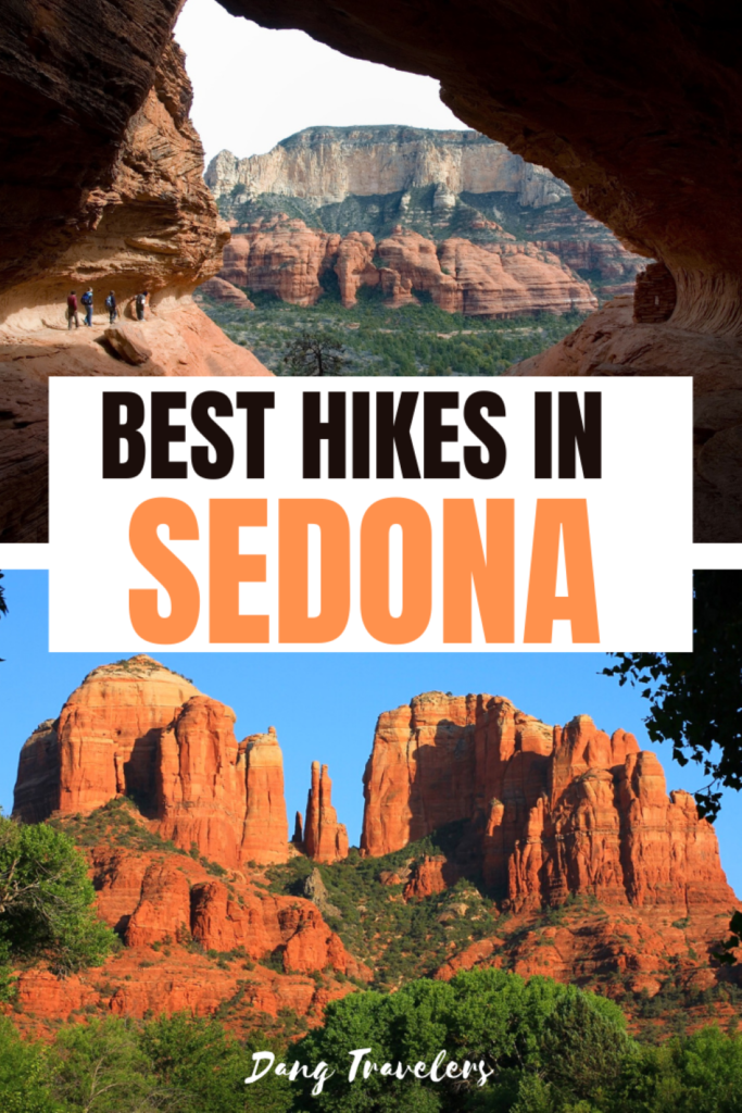 A Pinterest pin with red rock formations at sunset that states, "Best Hikes in Sedona."