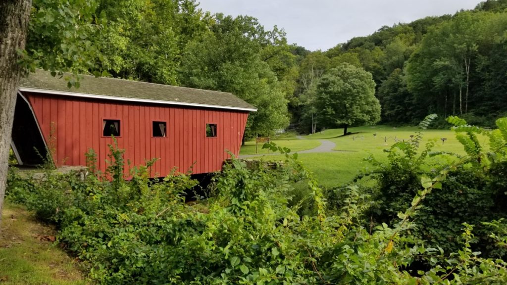 The red covered bridge at Kent Falls State Park.