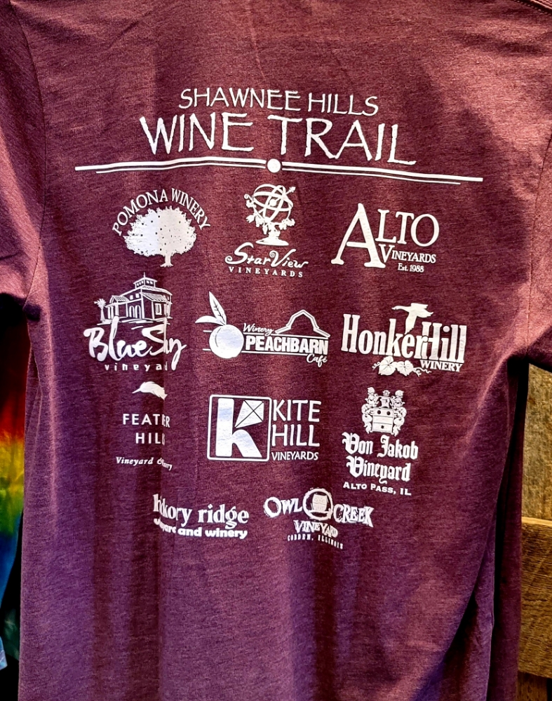 A pink tshirt with all the wineries on the Shawnee Hills Wine Trail.