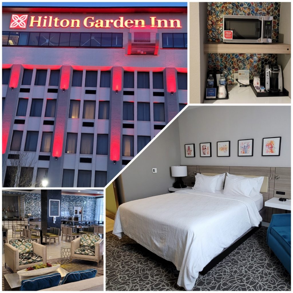 A montage of pictures from the Hilton Garden Inn Downtown Wichita including the lobby, room, and exterior of the building.