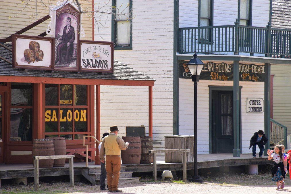 The front of the Fritz Snitzler Saloon at Cowtown Museum, a living history museum set in the old west.