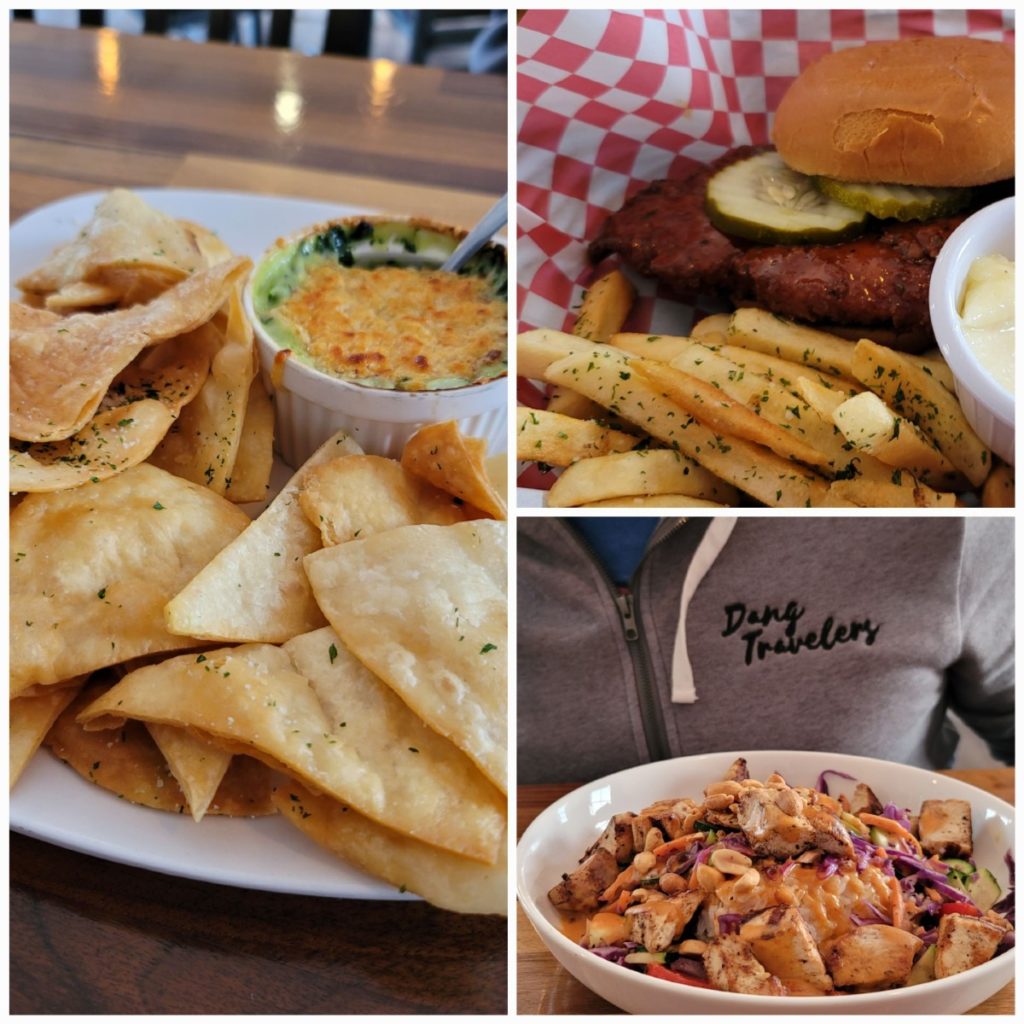 Spinach artichoke dip, Thai bowl, and Nashville chicken sandwich at The Kitchen in Wichita.