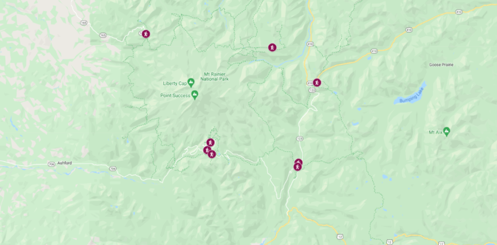 A map of the best hiking trails in Mount Rainier National Park in Washington state.