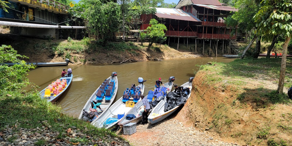 Ten-seat boats on the Cuyabeno River.