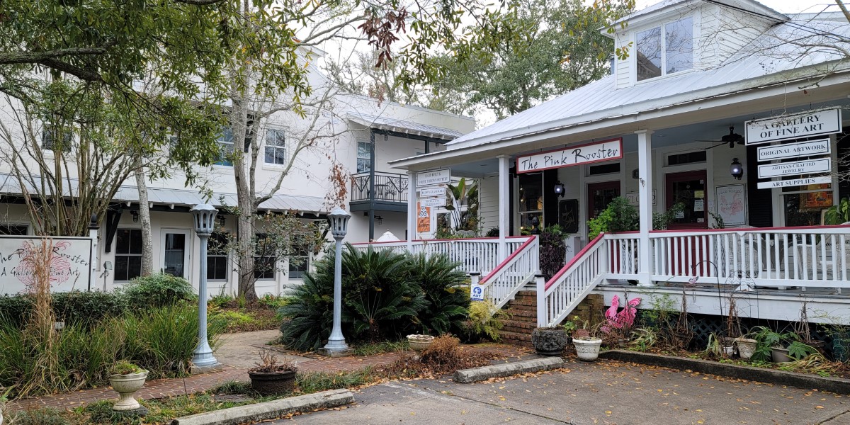 The Pink Rooster is one of the many shops in Ocean Springs Mississippi downtown.