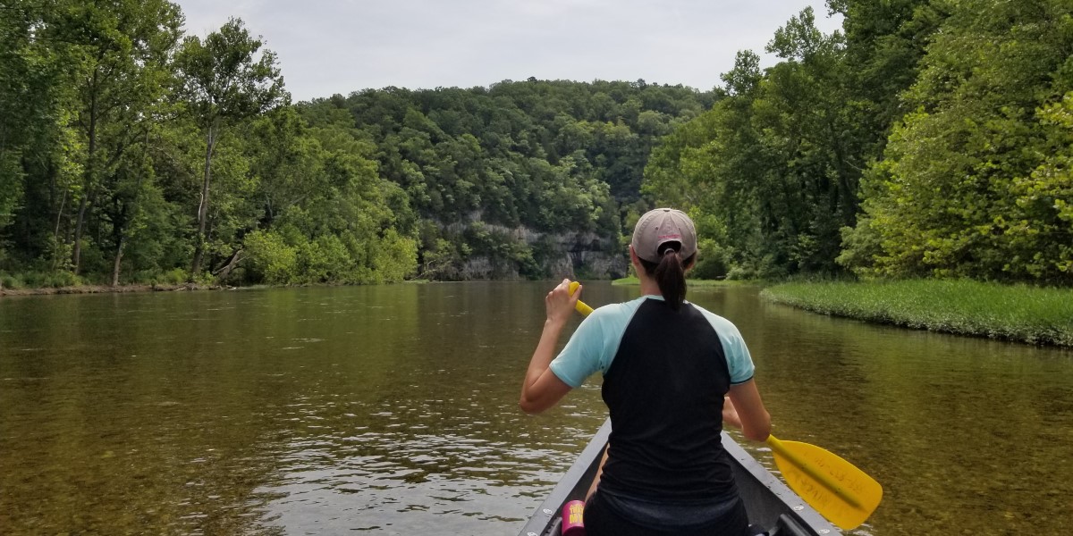 Paddling downstream on one of the Jacks Fork River float trips.