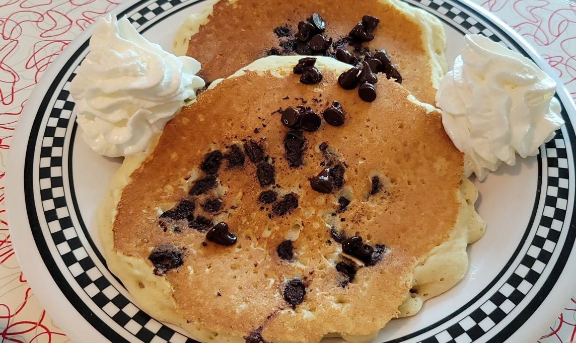 Chocolate chip pancakes at the best breakfast restaurant in Celebration Florida. 