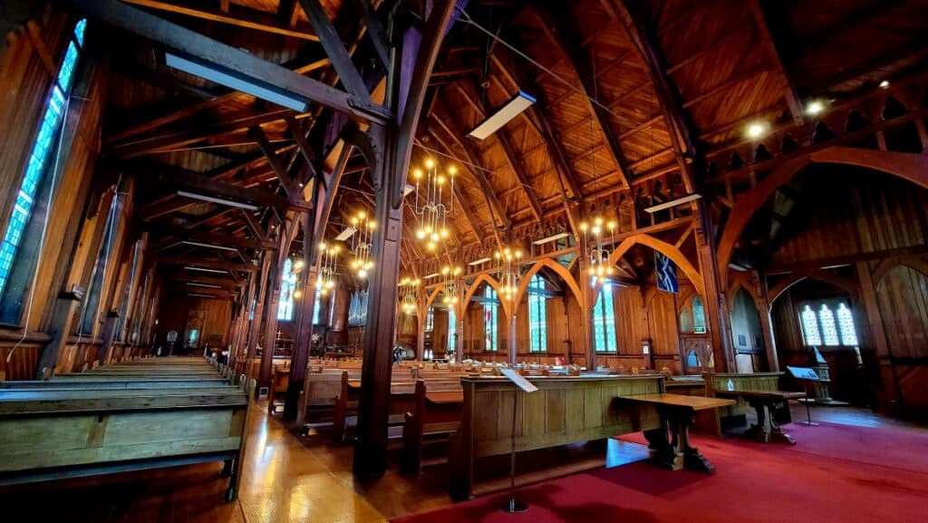 The wooden interior of St. Mary's Church in Parnell Village.