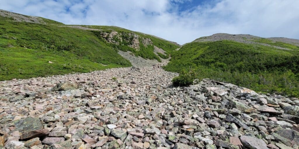 The rock gully on the side of Gros Morne Mountain.